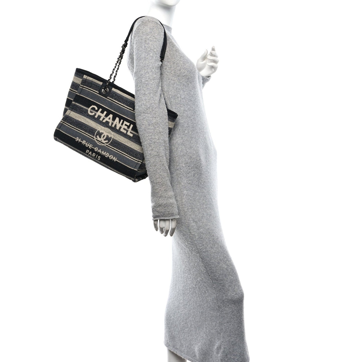 Striped Canvas Small Deauville Tote Dark Grey