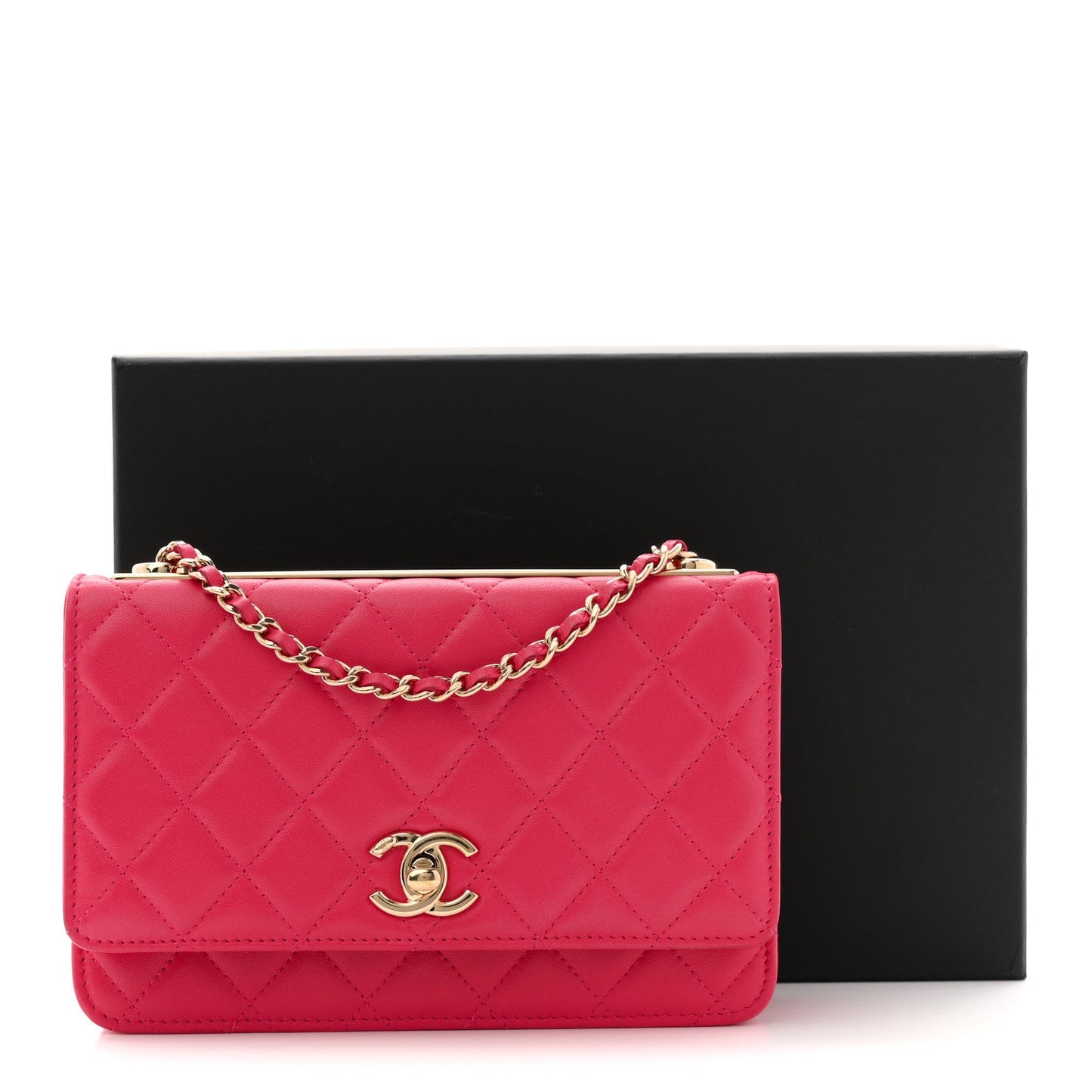 Lambskin Quilted Trendy CC Wallet On Chain WOC Dark Pink