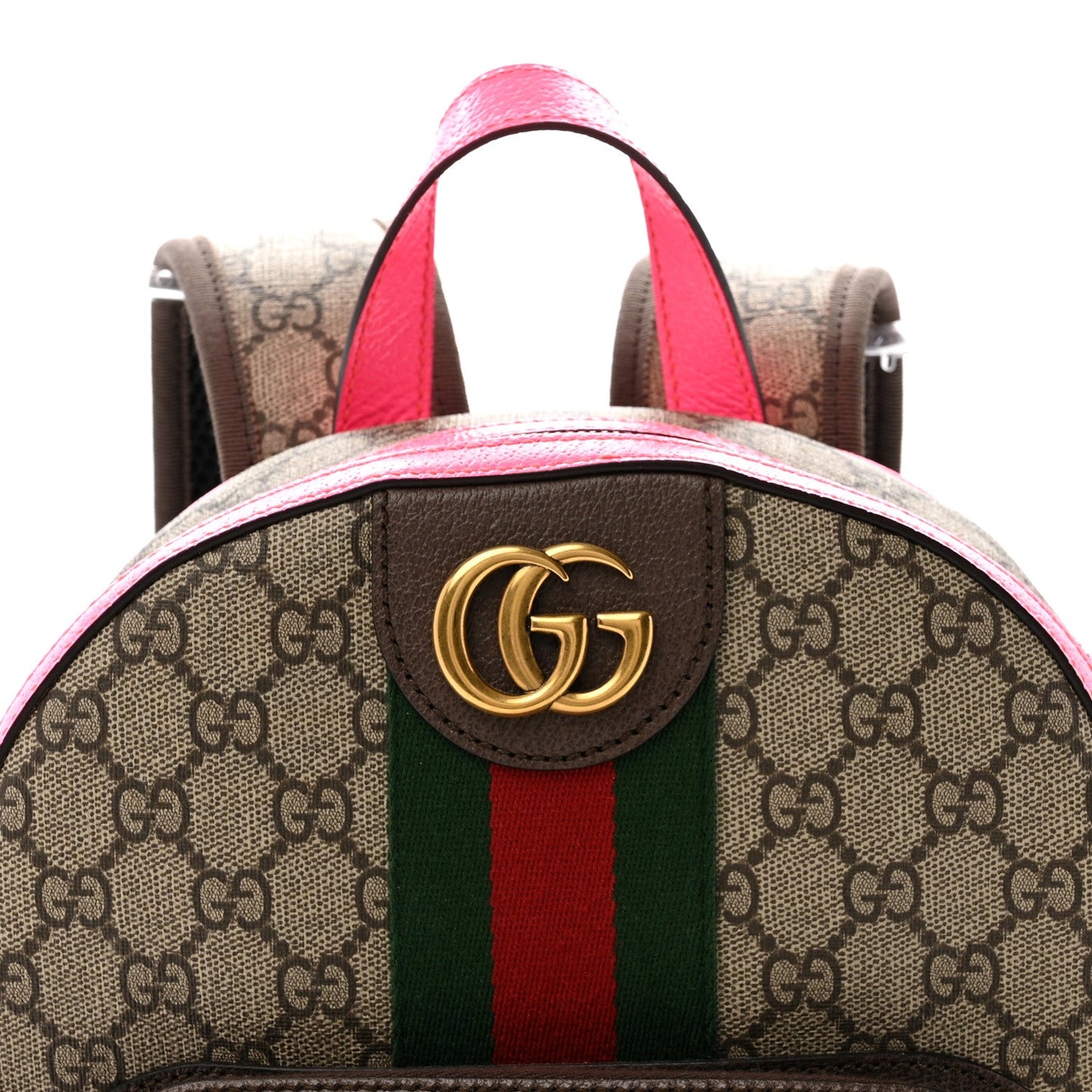 GG Supreme Monogram Textured Dollar Calfskin Web Small Ophidia Day Backpack Beige Ebony Fluorescent Fuchsia
