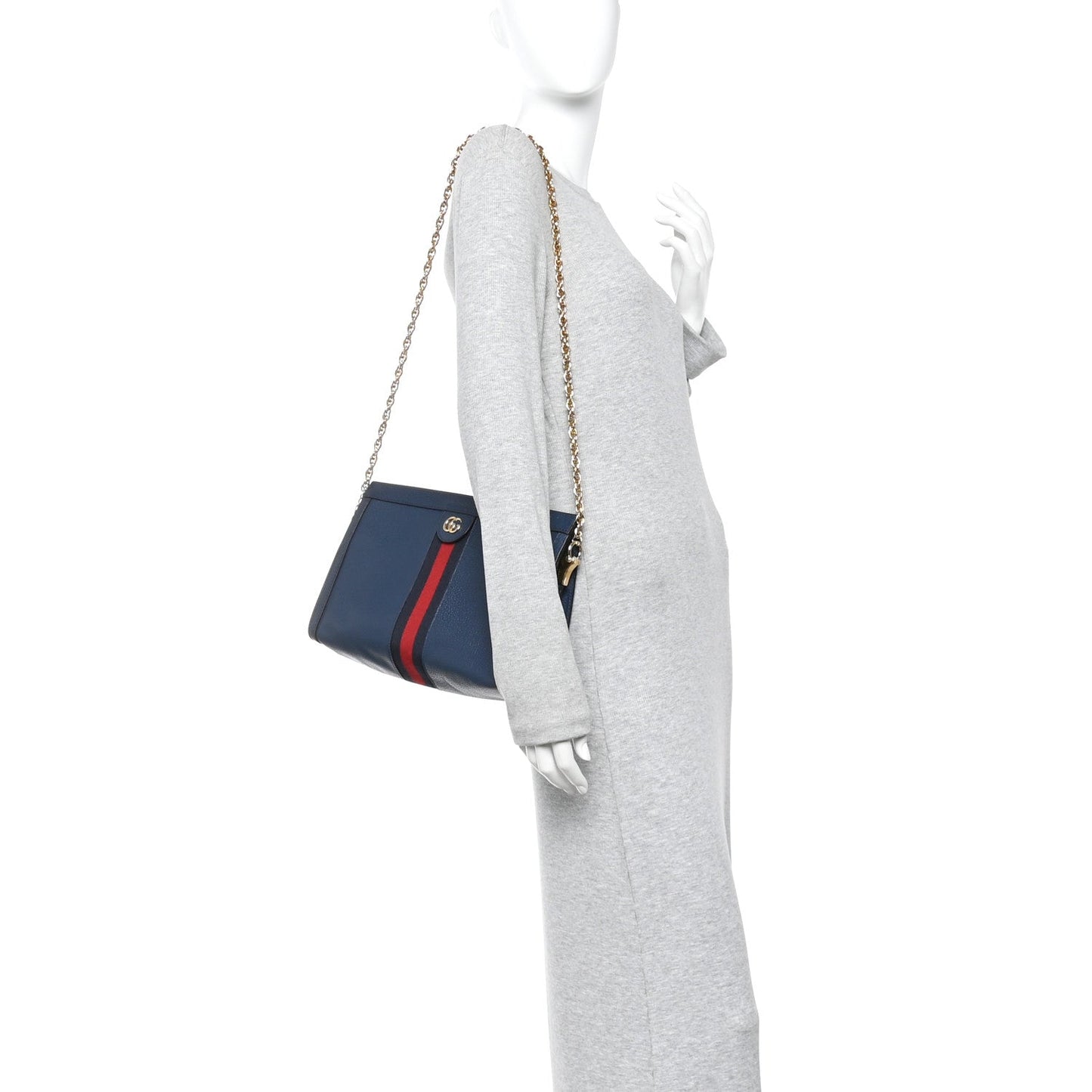 Textured Calfskin Web Medium Ophidia Chain Shoulder Bag Blue Agata