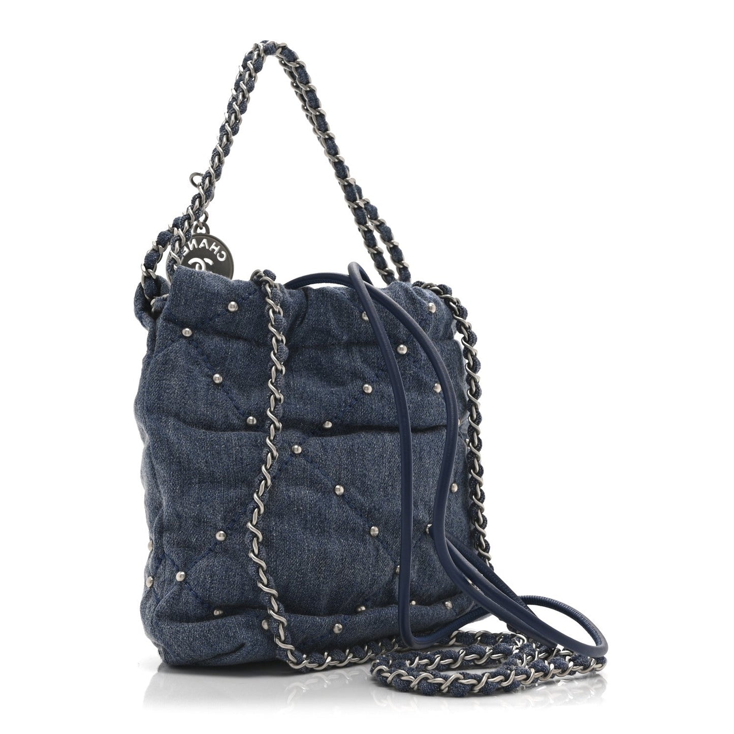 Washed Denim Quilted Studded Mini Chanel 22 Blue