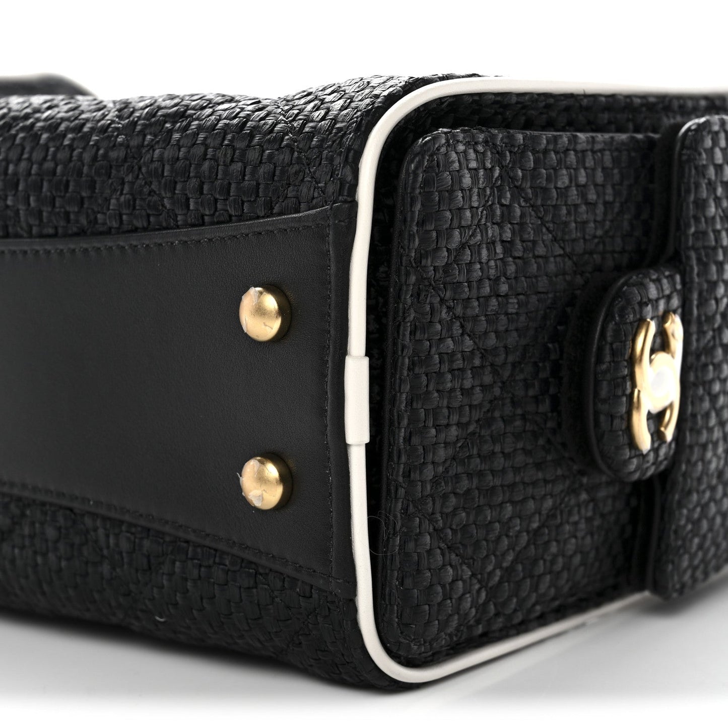 Braided Raffia Calfskin Quilted Mini Chanel 25 Handbag Black White