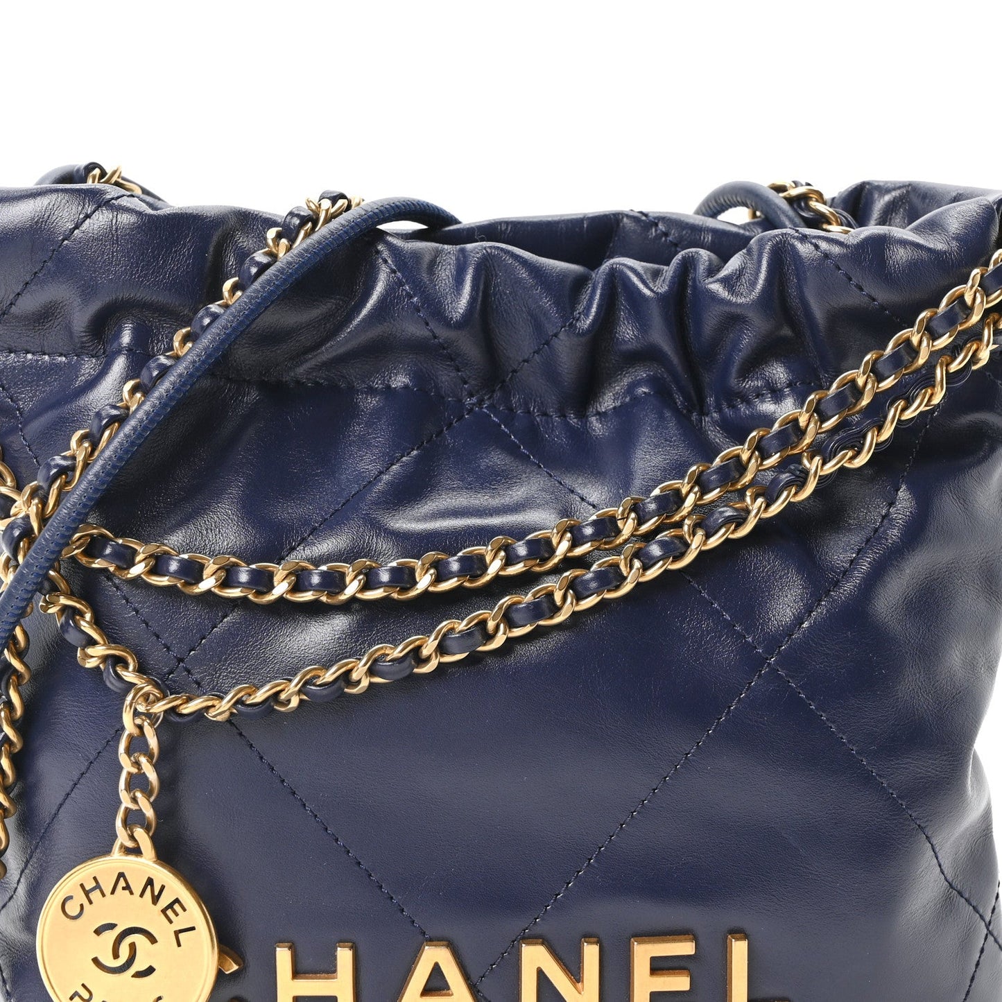 Shiny Calfskin Quilted Mini Chanel 22 Navy Blue