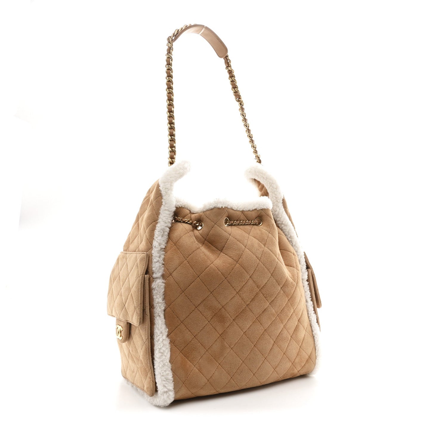 Suede Shearling Quilted Medium Chanel 25 Handbag Beige Natural
