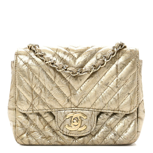 Patent Metallic Crumpled Calfskin Chevron Quilted Mini Square Flap Gold
