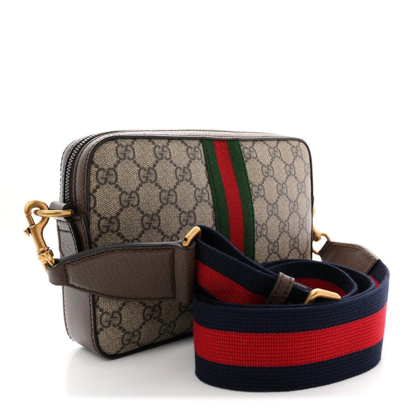 GG Supreme Monogram Textured Dollar Calfskin Web Ophidia Wristlet Shoulder Bag Beige Ebony New Acero
