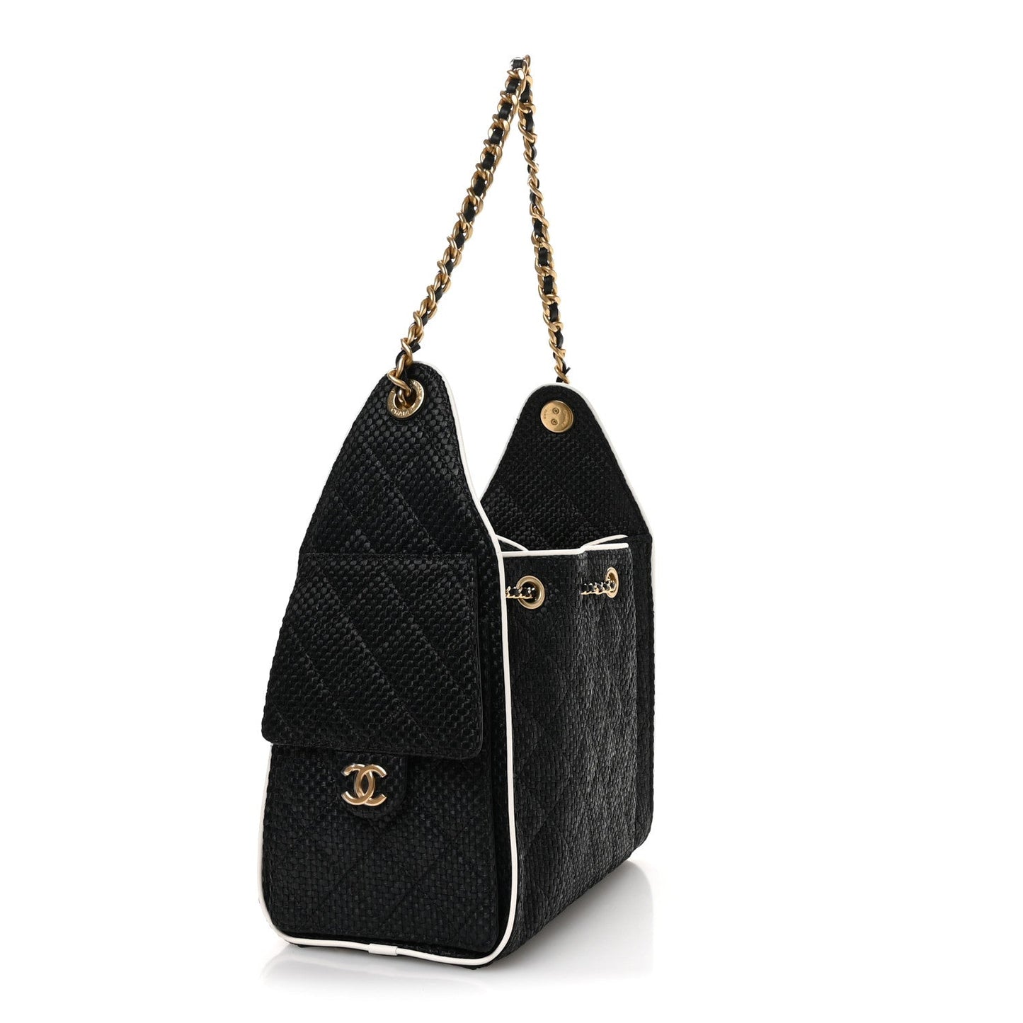 Braided Raffia Calfskin Small Chanel 25 Handbag Black White