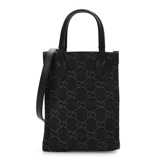 Denim GG Monogram Calfskin Mini Ophidia Tote Bag Black
