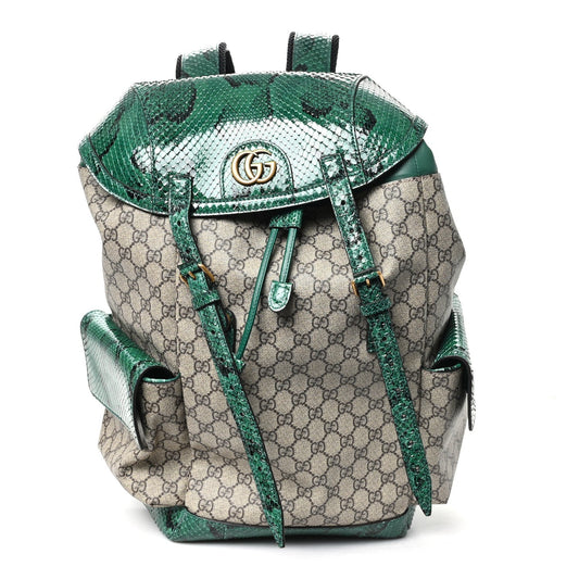 GG Supreme Monogram Snakeskin Ophidia Double Buckle Backpack Brown Green
