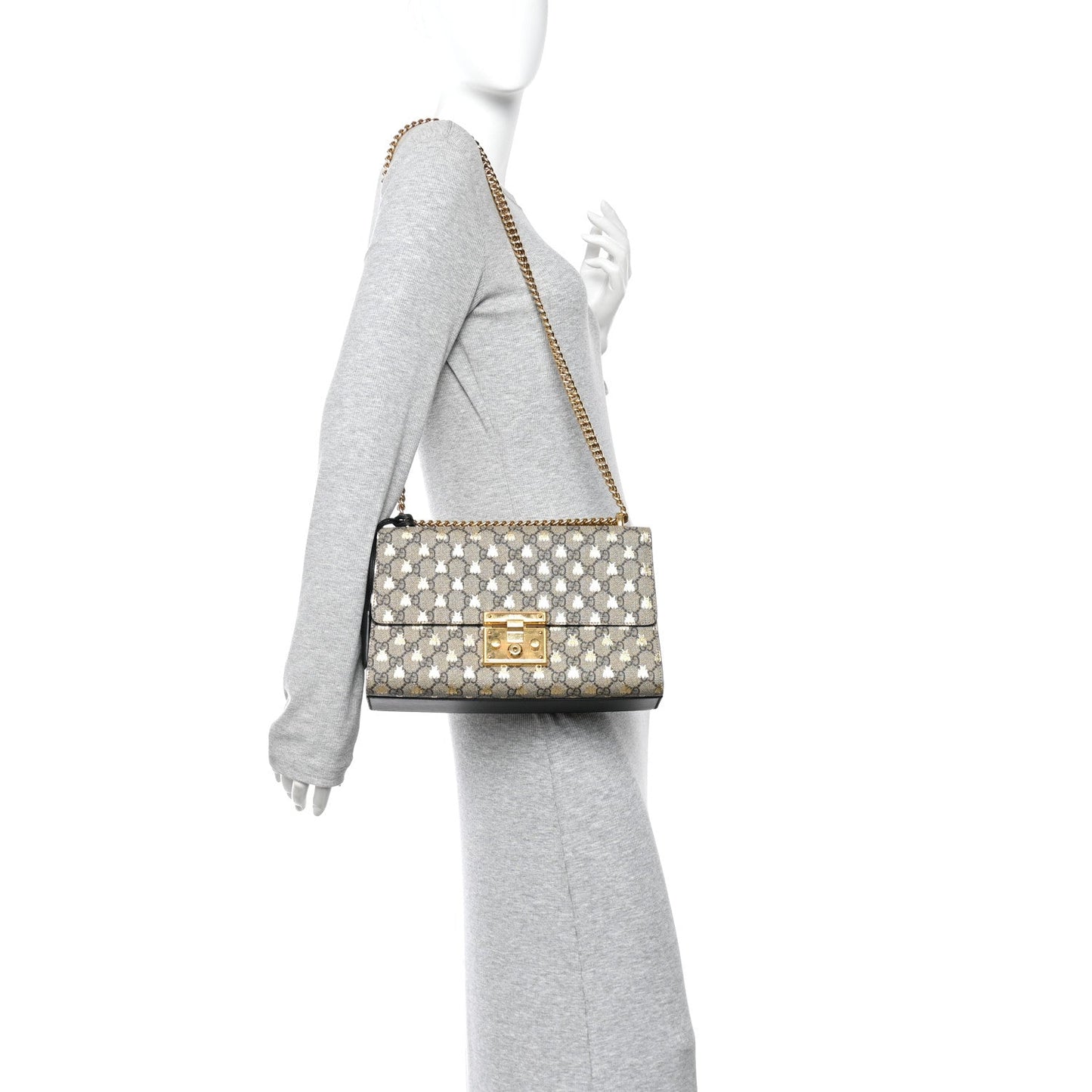 GG Supreme Monogram Bees Medium Padlock Shoulder Bag Beige Oro Black