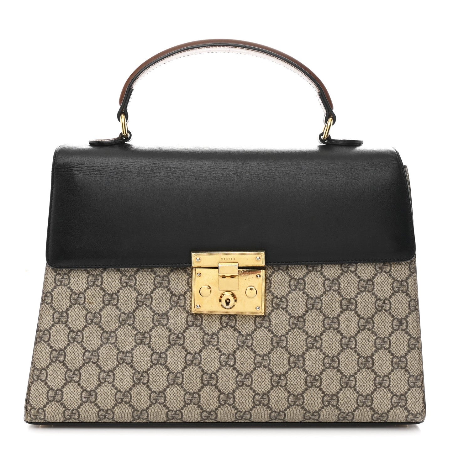 GG Supreme Monogram Calfskin Medium Padlock Top Handle Bag Beige Black Cuir
