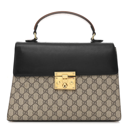 GG Supreme Monogram Calfskin Medium Padlock Top Handle Bag Beige Black Cuir