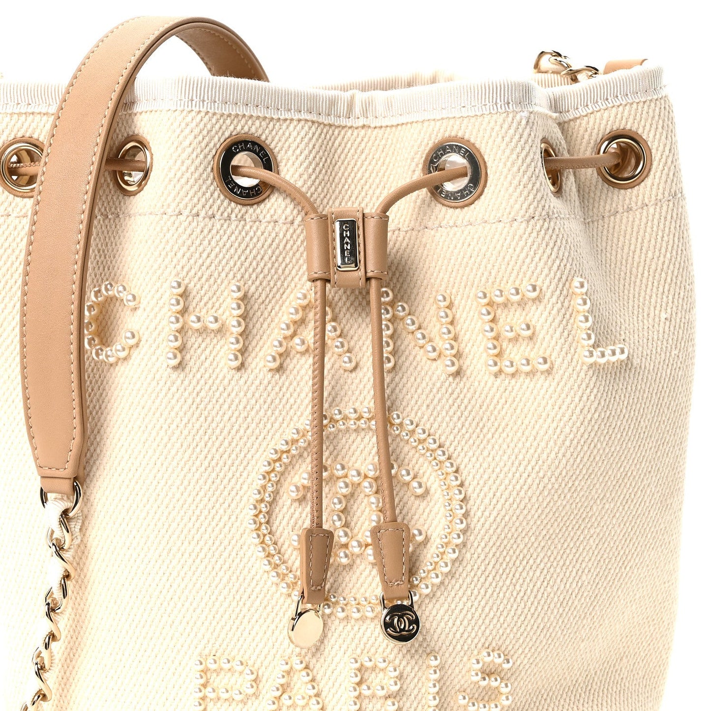 Canvas Pearl Deauville Drawstring Bucket Bag Ecru Beige