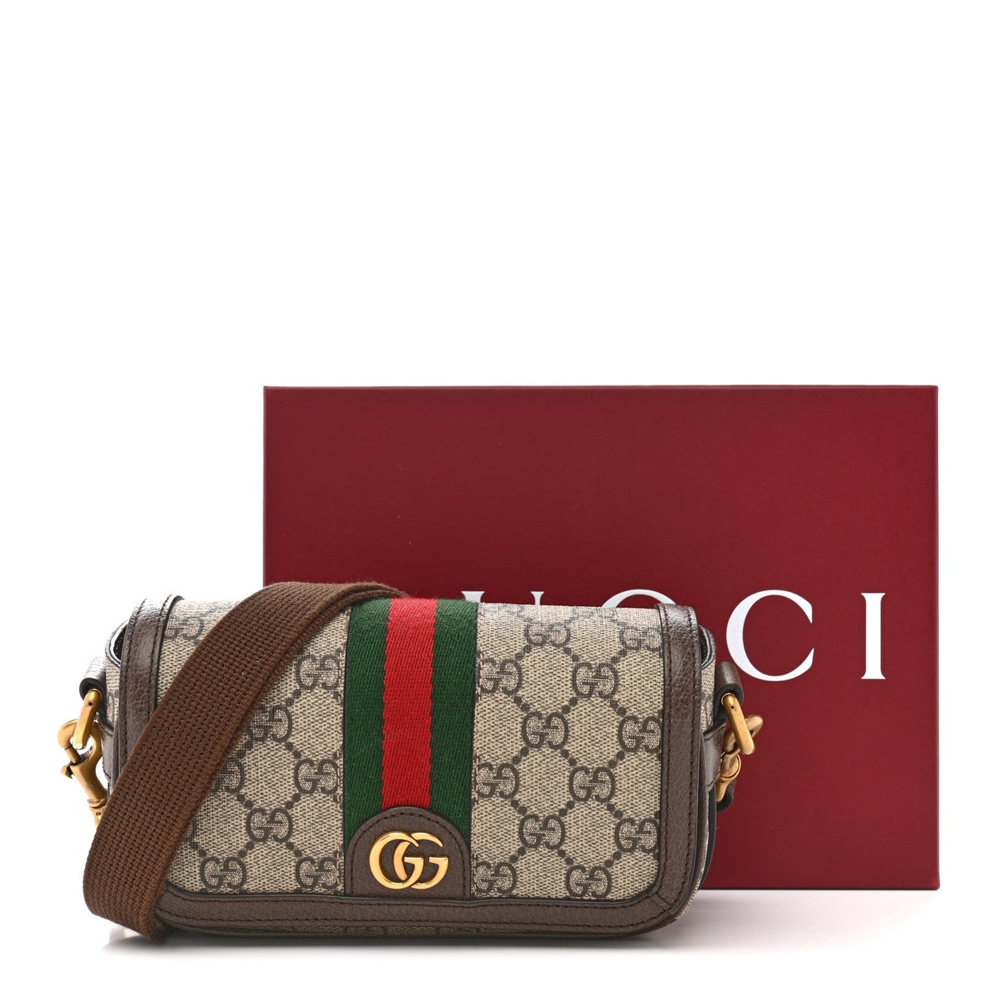 GG Supreme Monogram Web Mini Ophidia Flap Shoulder Bag Brown