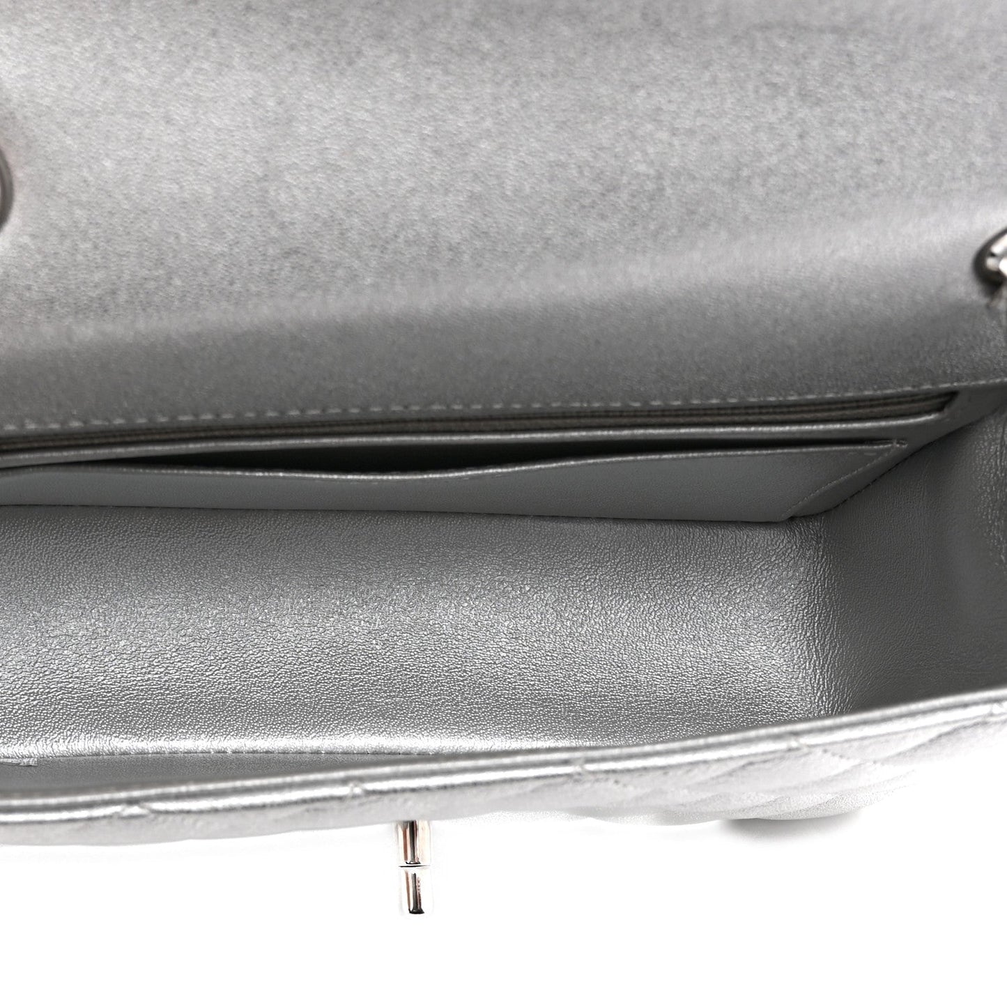 Metallic Lambskin Quilted Mini Rectangular Flap Silver
