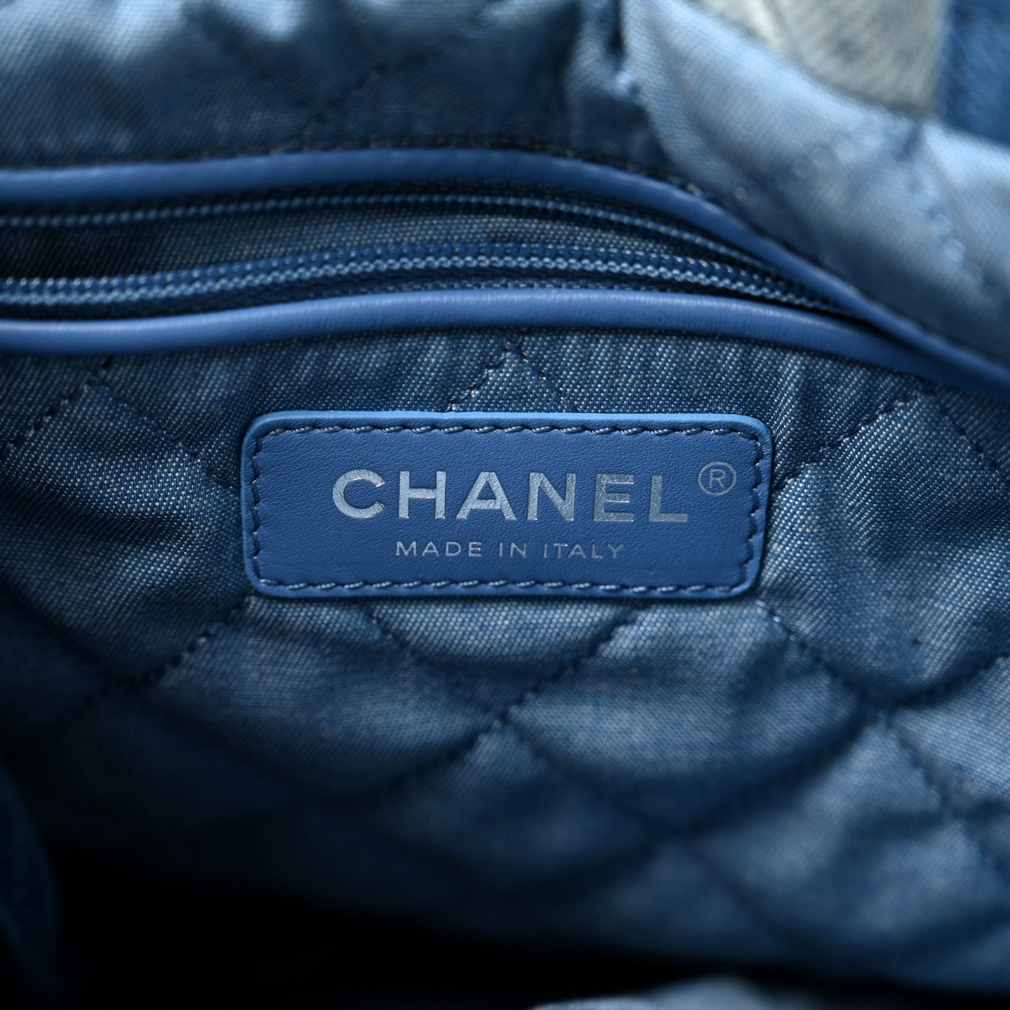Denim Quilted Chanel 22 Backpack Blue