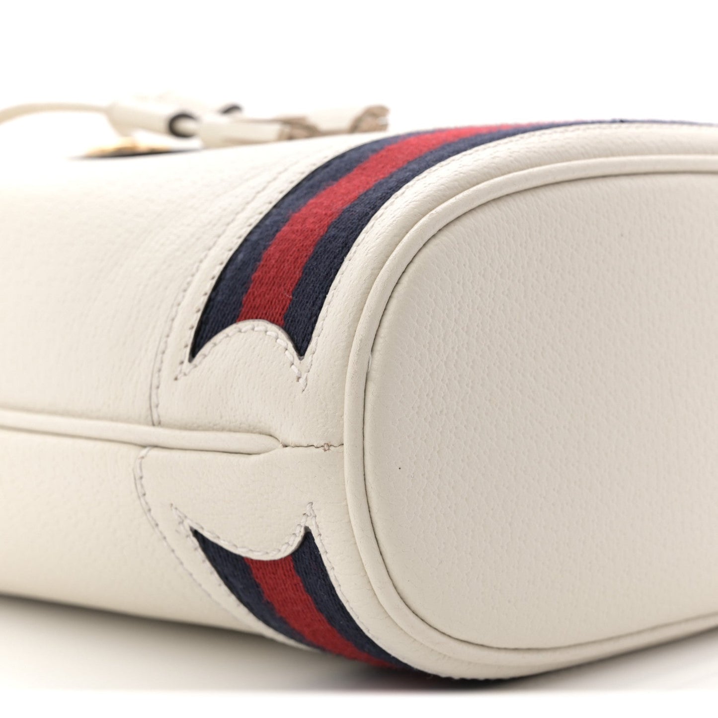 Glazed Textured Calfskin Web Small Ophidia Bucket Bag Mystic White