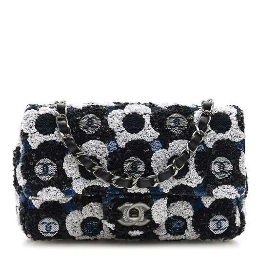 Satin Sequin Embellished Flower Mini Rectangular Flap Black White Blue
