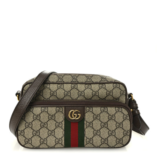 GG Supreme Monogram Textured Dollar Calfskin Web Small Ophidia Convertible Shoulder Bag Beige Ebony New Acero