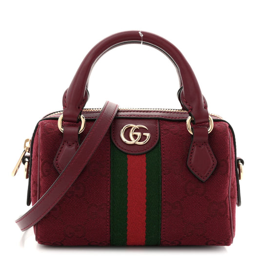 GG Supreme Monogram Textured Dollar Calfskin Web Super Mini Ophidia Top Handle Bowler Bag Rosso Ancora