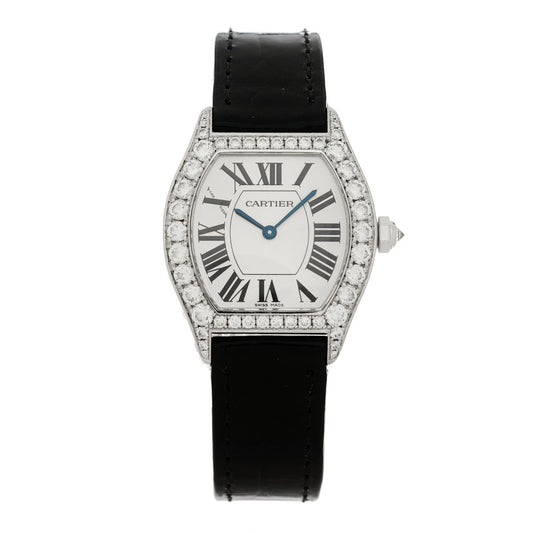 18K White Gold Alligator Diamond Bezel 28mm Tortue Manual Winding Watch Black