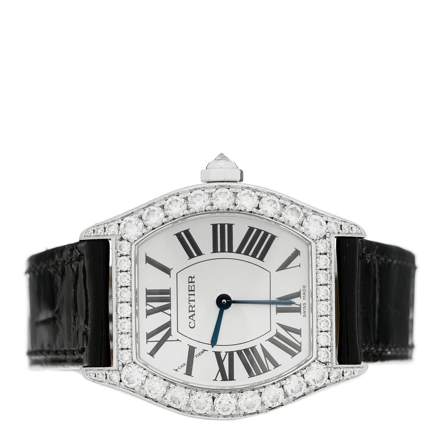 18K White Gold Alligator Diamond Bezel 28mm Tortue Manual Winding Watch Black