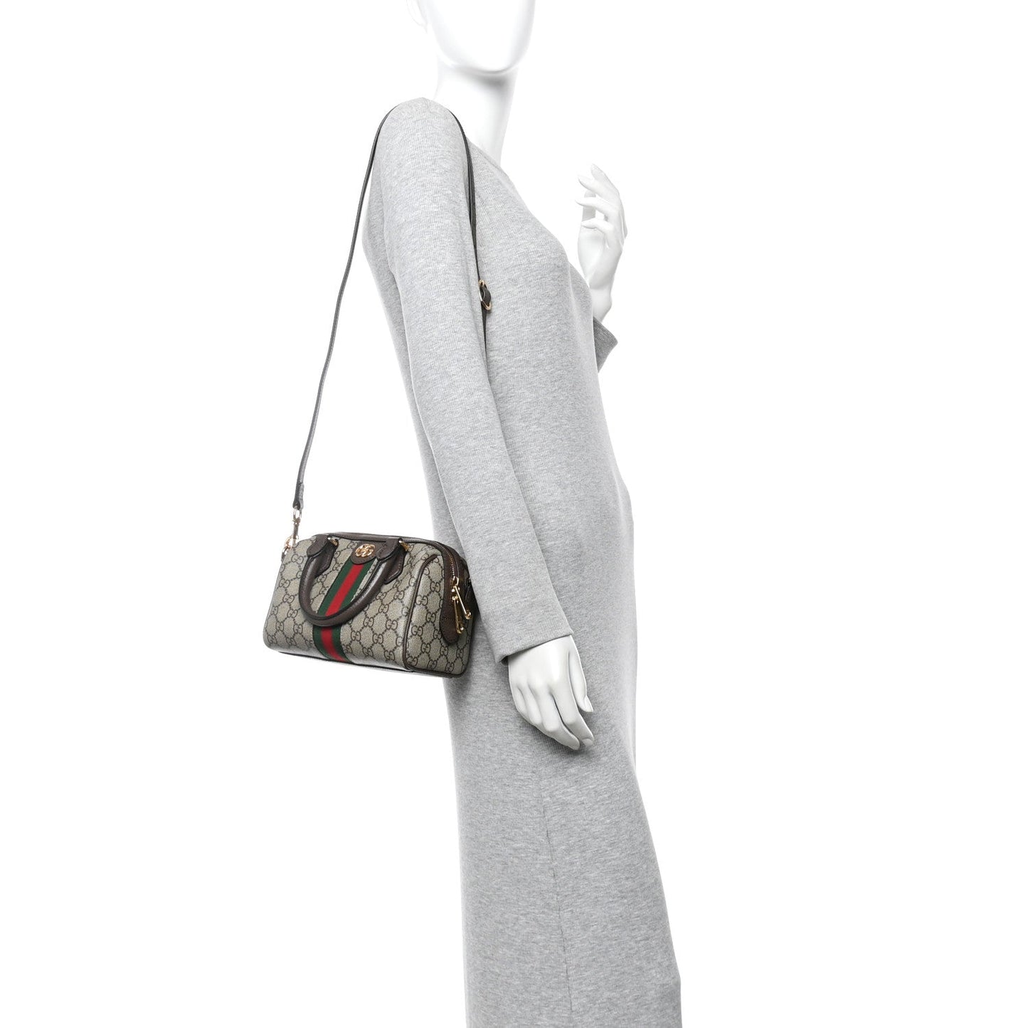 GG Supreme Monogram Textured Dollar Calfskin Web Mini Ophidia Top Handle Bag Beige Ebony New Acero