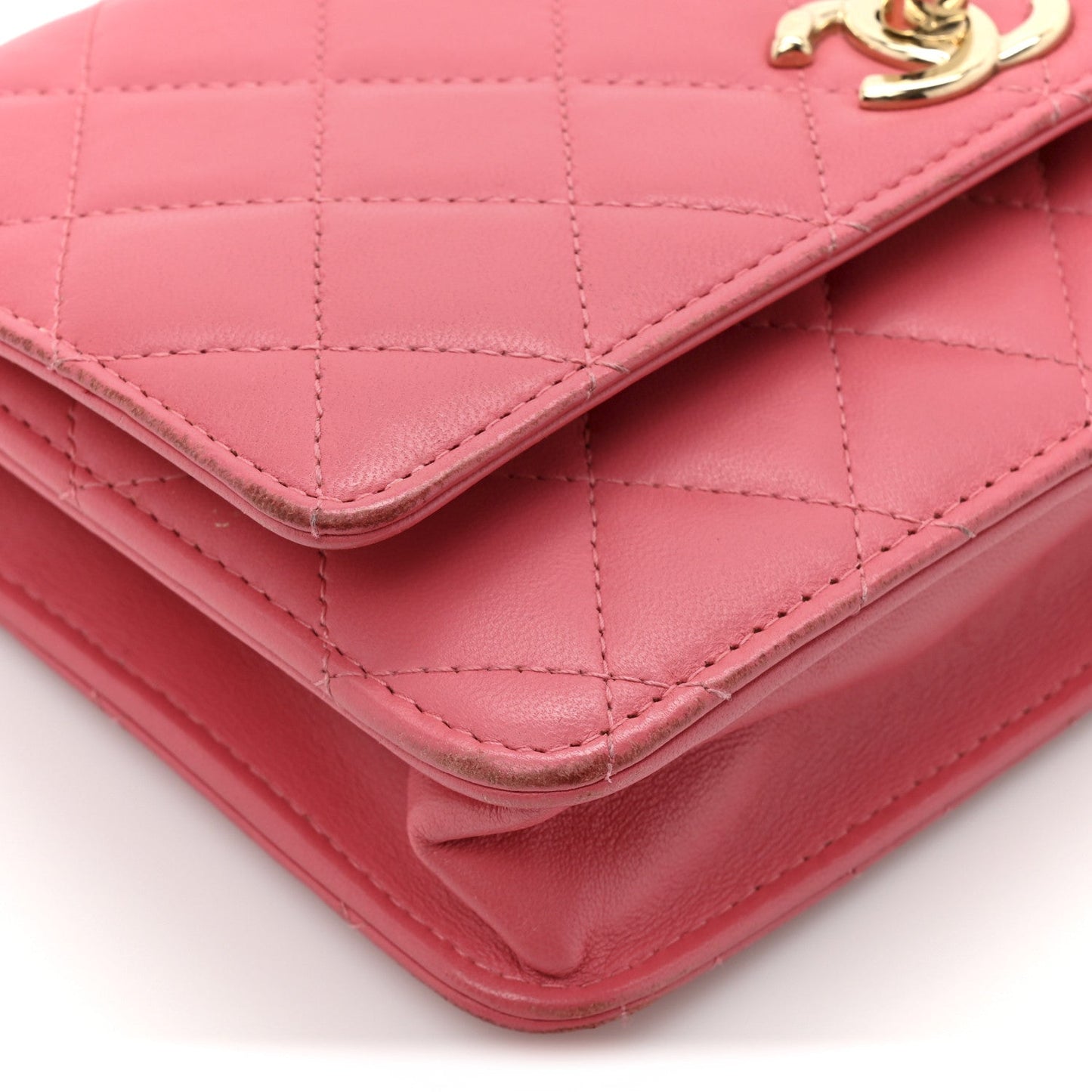 Lambskin Quilted Trendy CC Wallet On Chain WOC Bright Pink