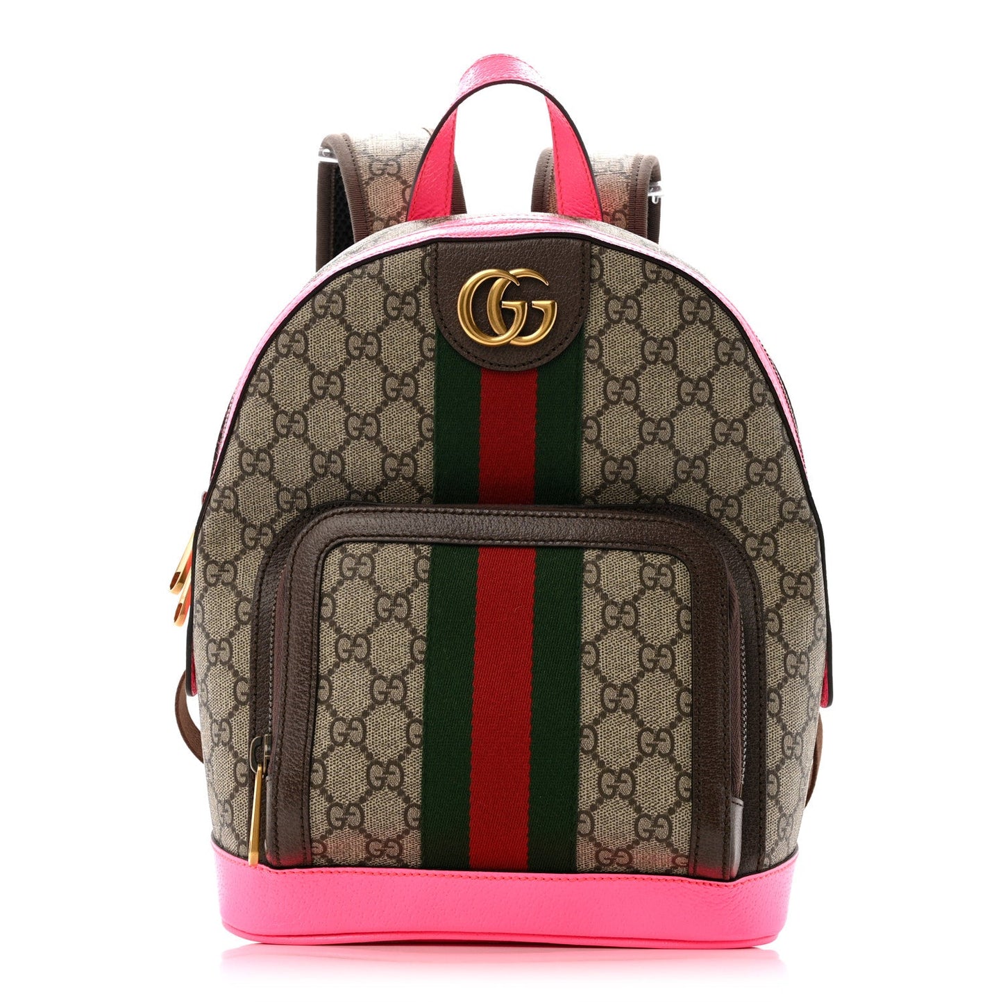 GG Supreme Monogram Textured Dollar Calfskin Web Small Ophidia Day Backpack Beige Ebony Fluorescent Fuchsia