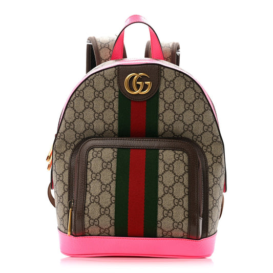 GG Supreme Monogram Textured Dollar Calfskin Web Small Ophidia Day Backpack Beige Ebony Fluorescent Fuchsia