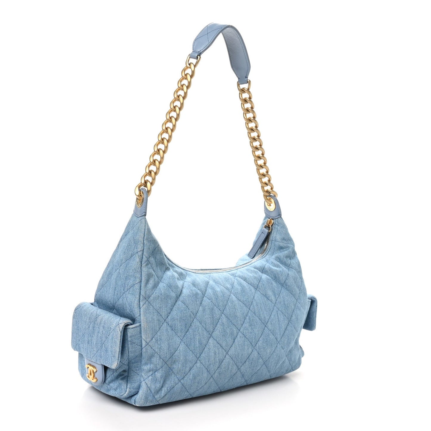 Washed Denim Quilted Large Trendy Pockets Hobo Blue
