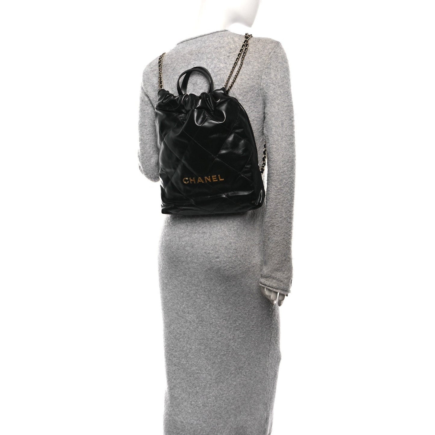 Shiny Calfskin Quilted Chanel 22 Backpack Black