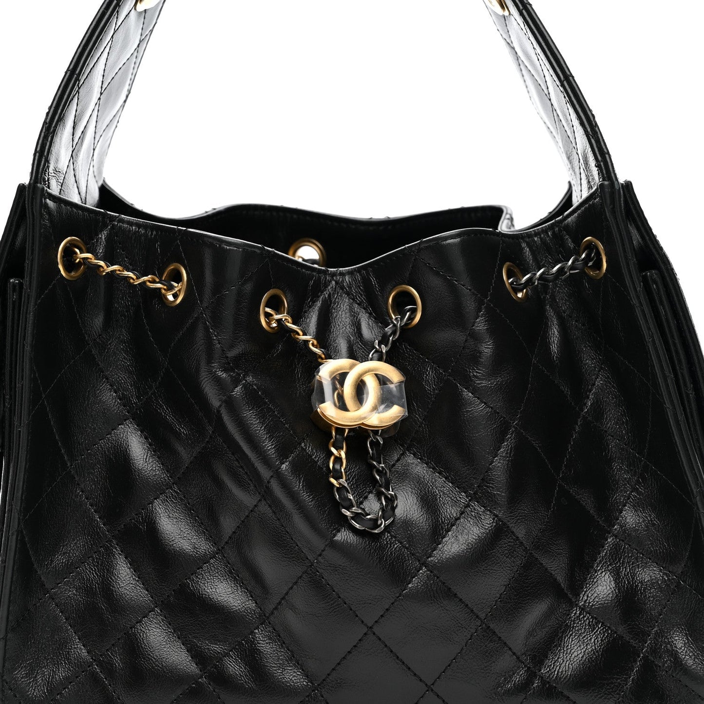 Shiny Crumpled Calfskin Quilted Small Chanel 25 Handbag Black