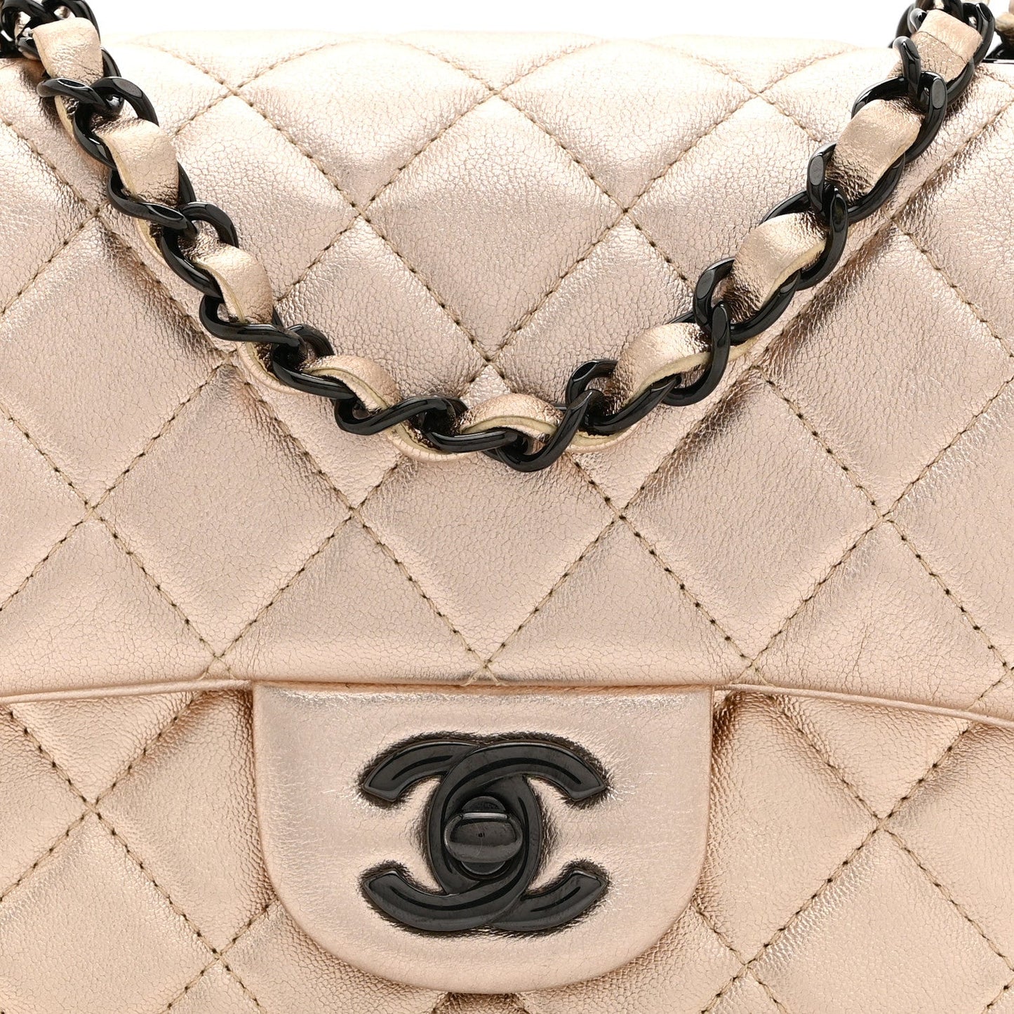Metallic Lambskin Quilted Mini Square Flap Gold Black