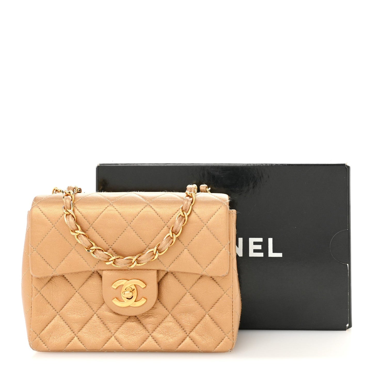 Metallic Lambskin Quilted Mini Square Flap Bronze