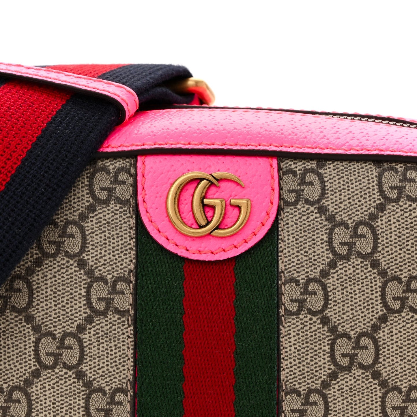 GG Supreme Monogram Textured Dollar Calfskin Web Ophidia Small Crossbody Bag Beige Ebony Fuchsia