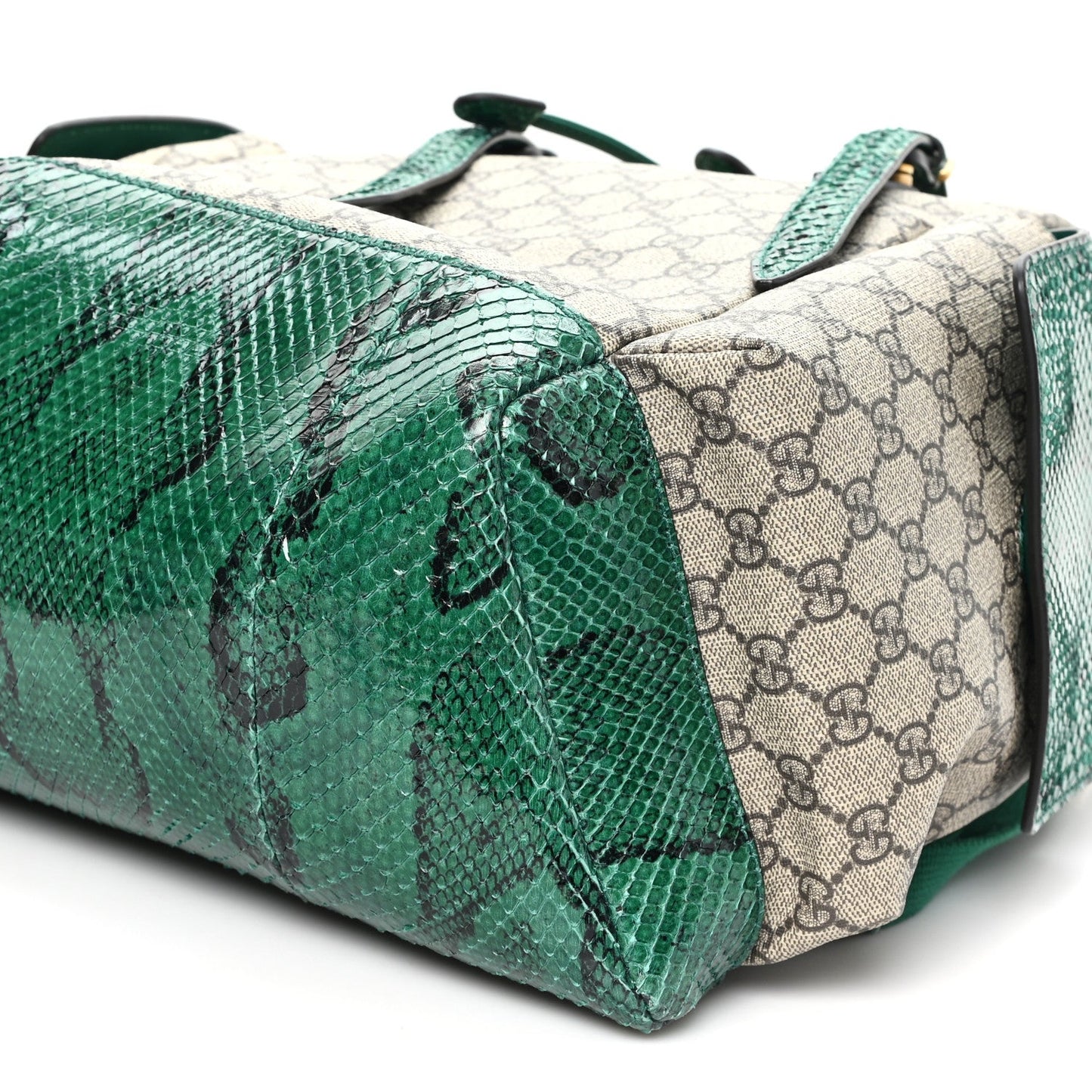 GG Supreme Monogram Snakeskin Ophidia Double Buckle Backpack Brown Green