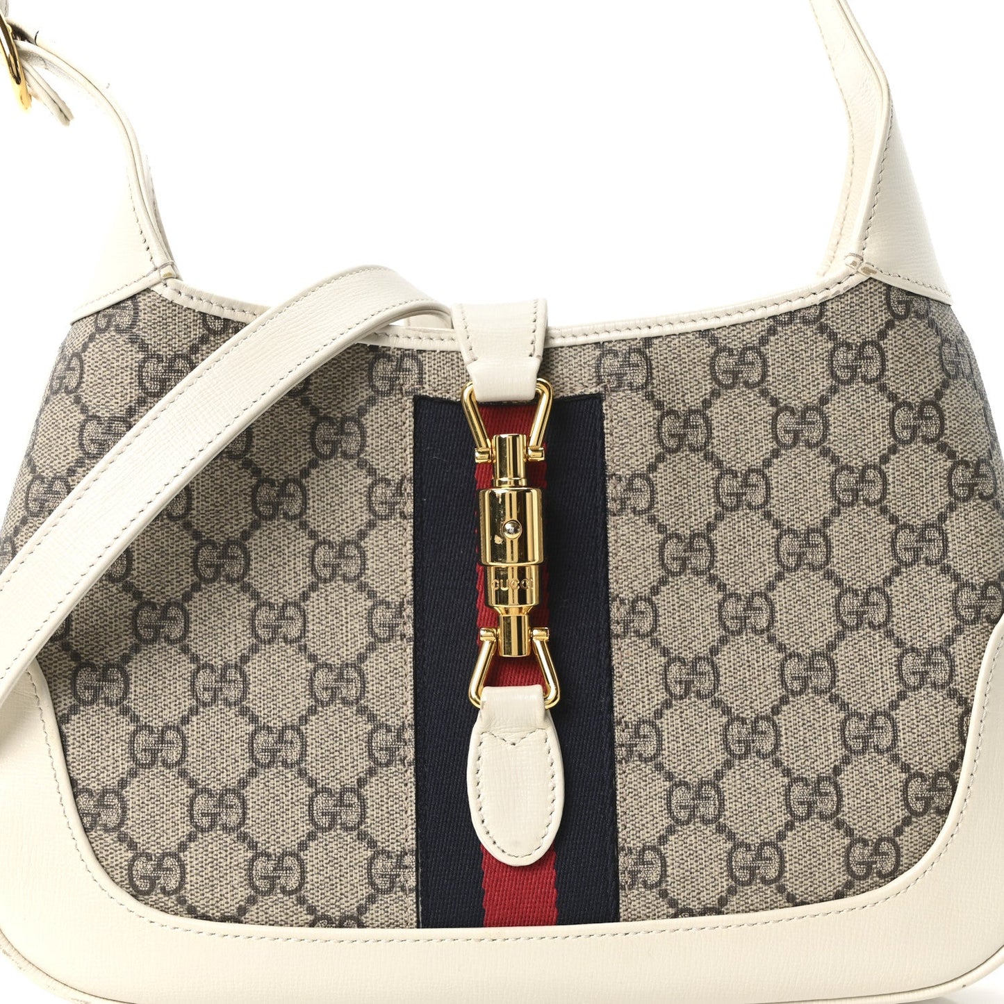 GG Supreme Monogram Azalea Calfskin Web Small Jackie 1961 Hobo Beige Ebony Mystic White