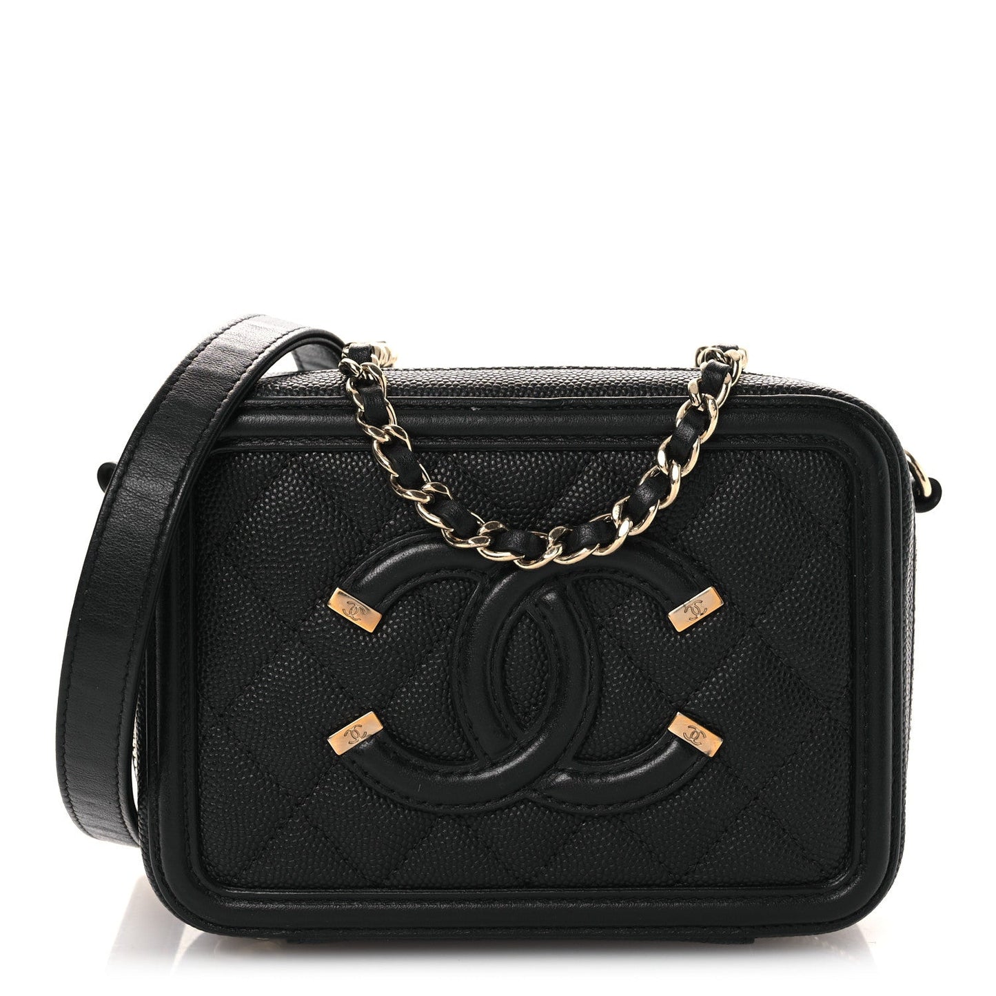 Caviar Quilted CC Filigree Vanity Clutch With Chain Black