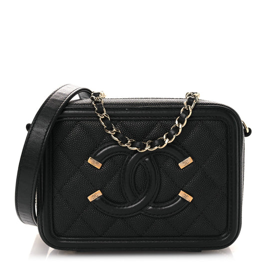 Caviar Quilted CC Filigree Vanity Clutch With Chain Black