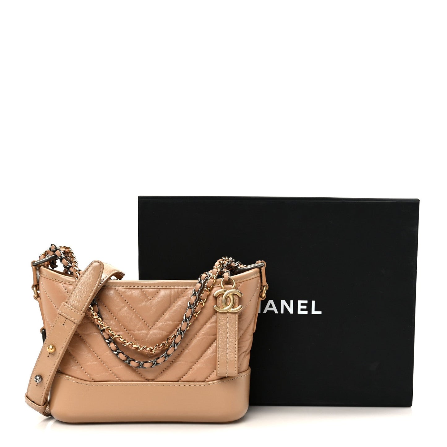 Aged Calfskin Chevron Quilted Small Gabrielle Hobo Beige