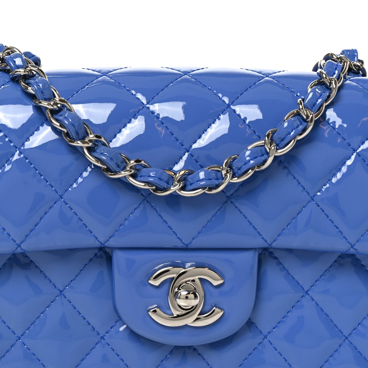 Patent Calfskin Quilted Mini Rectangular Flap Blue