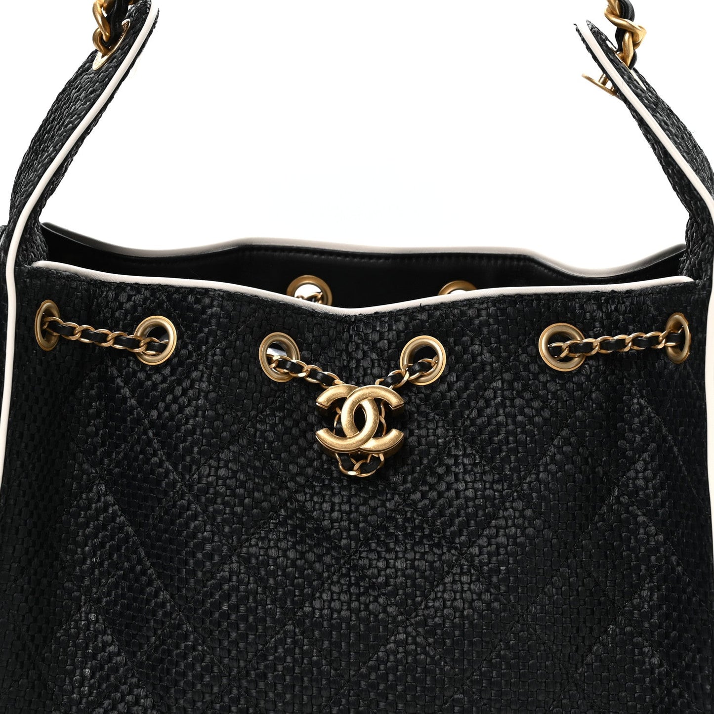 Braided Raffia Calfskin Small Chanel 25 Handbag Black White
