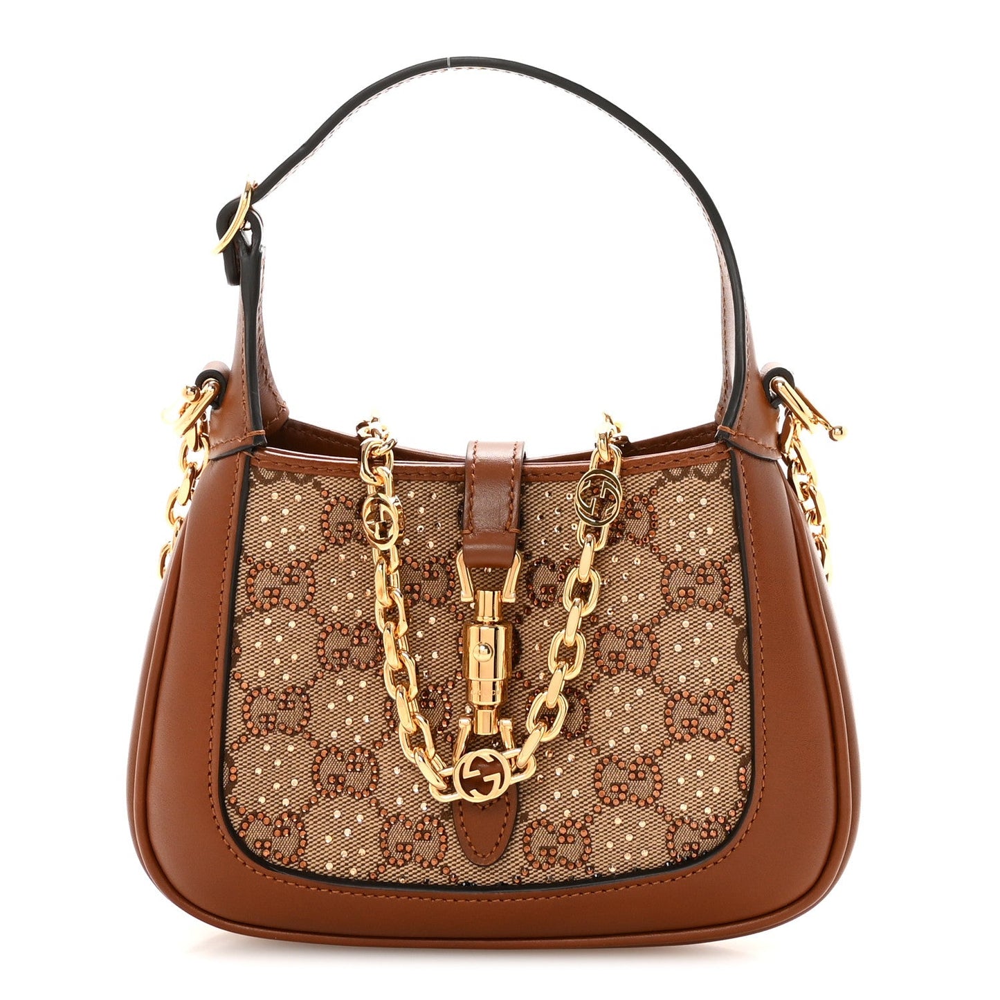 New Canvas Charisma Calfskin Crystal GG Monogram Mini Jackie 1961 Hobo Camel Ebony