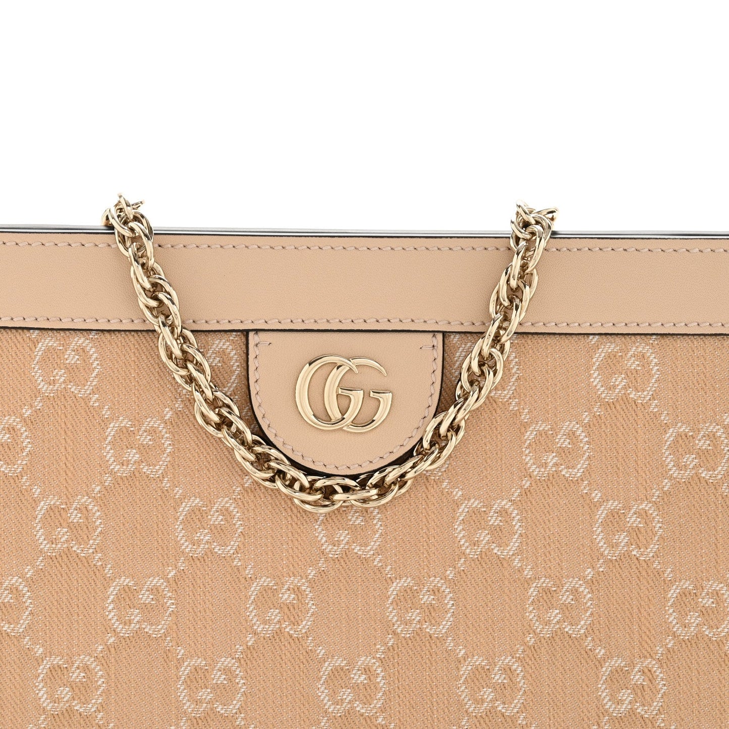 Denim Calfskin GG Monogram Small Ophidia Chain Shoulder Bag Light Beige