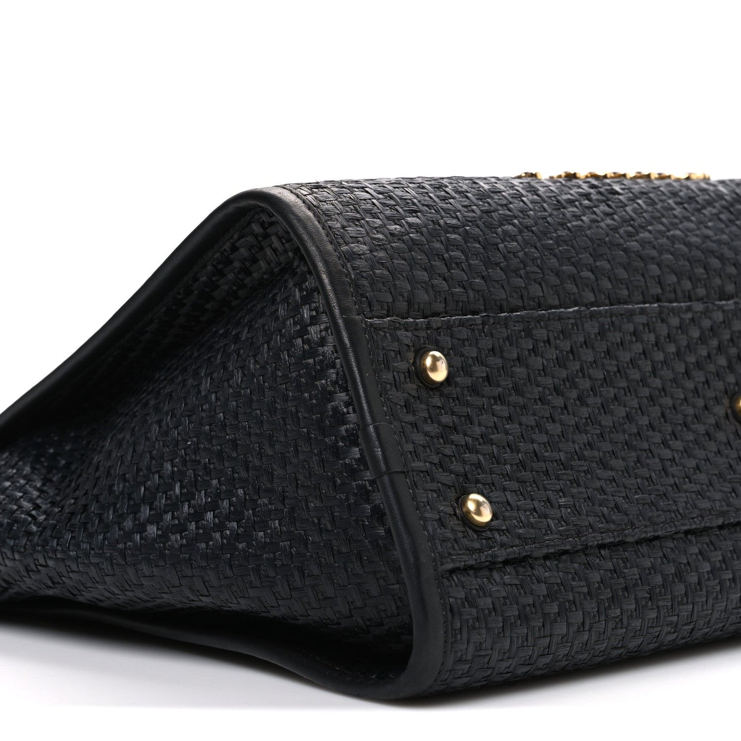 Straw Raffia Calfskin Chain Small Deauville Tote Black