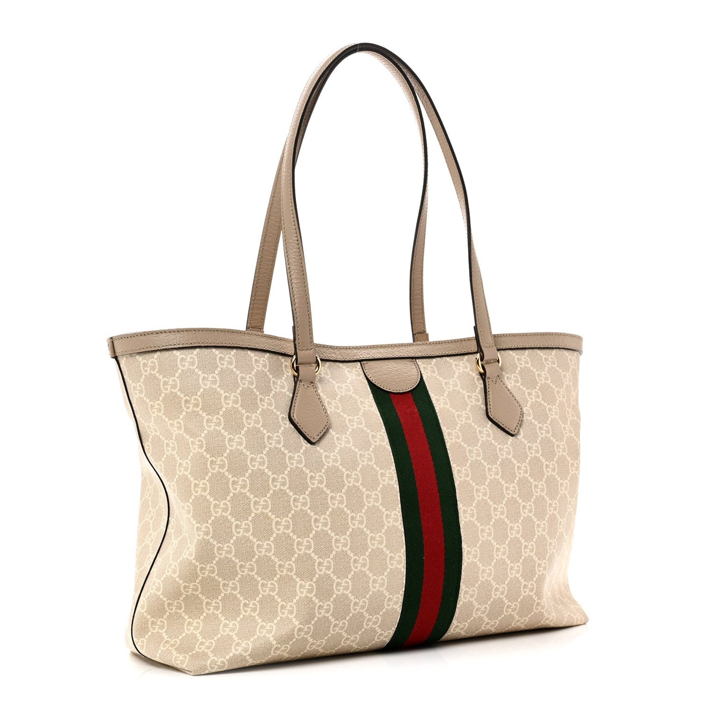 GG Supreme Monogram Textured Dollar Calfskin Web Medium Ophidia Shopping Tote Beige Mystic White Oatmeal