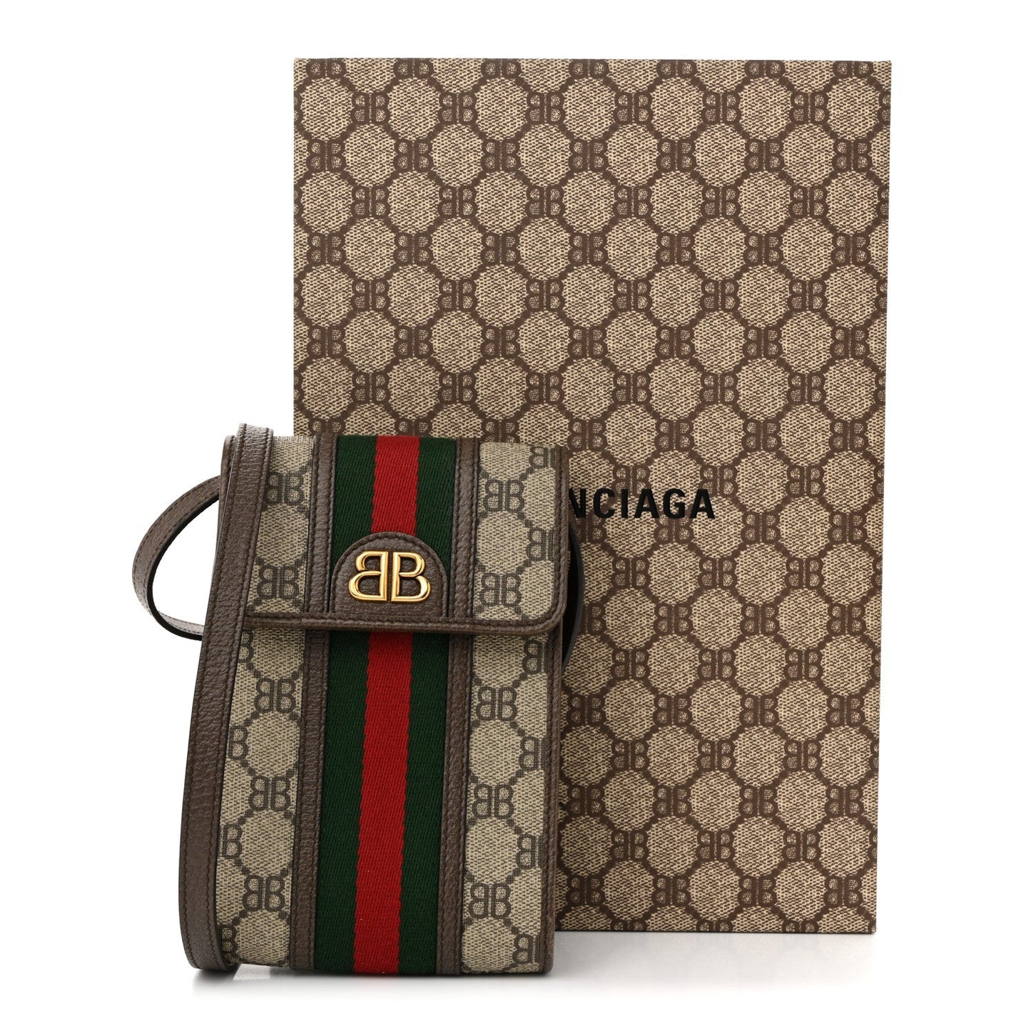 X BALENCIAGA BB Supreme Monogram Web Ophidia Phone Crossbody Bag Beige New Acero
