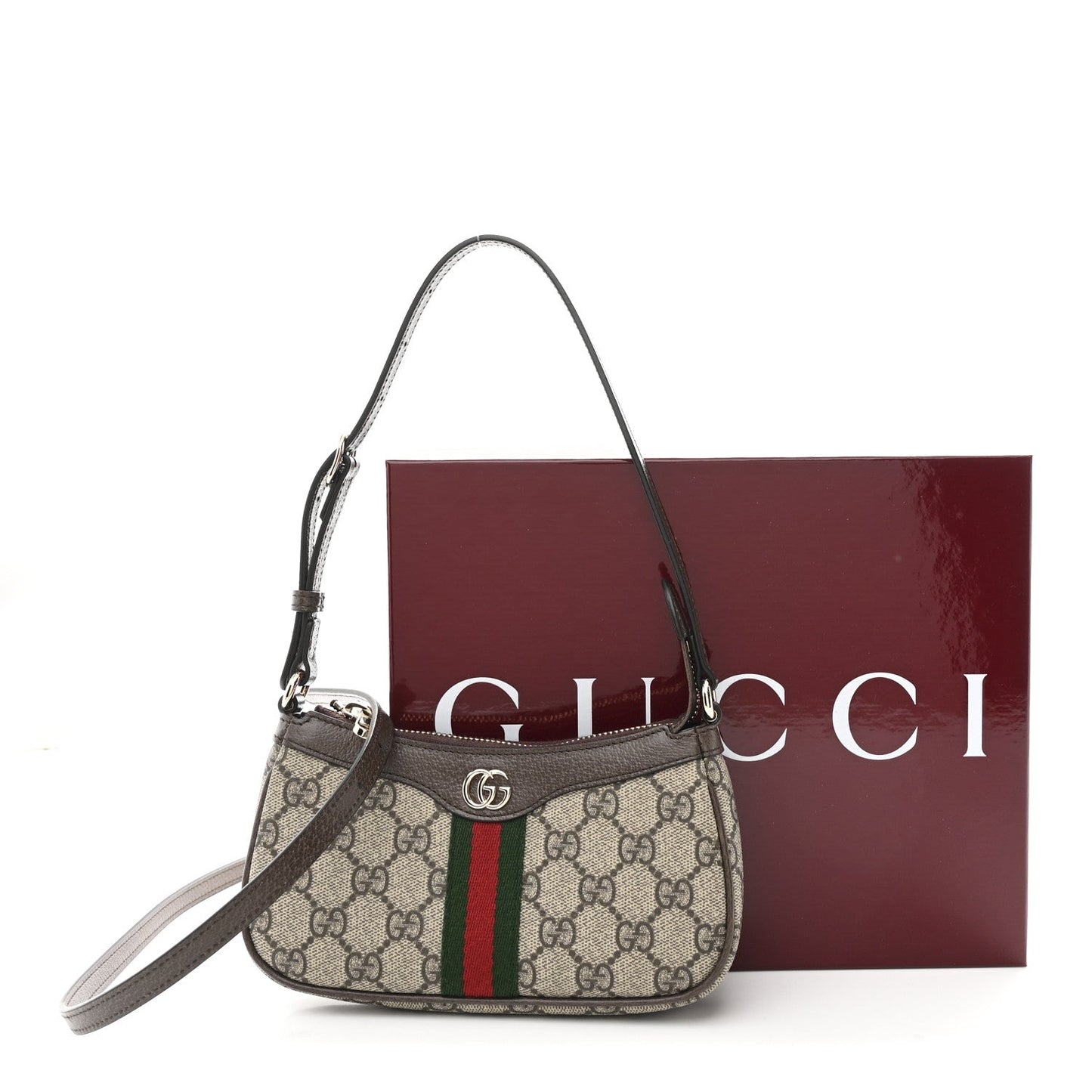 GG Supreme Monogram Textured Dollar Calfskin Web Mini Ophidia Shoulder Bag Beige Ebony New Acero