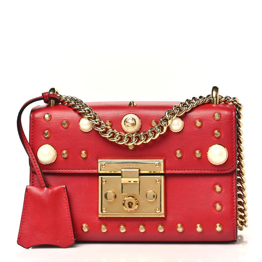 Calfskin Studded Small Padlock Shoulder Bag Hibiscus Red
